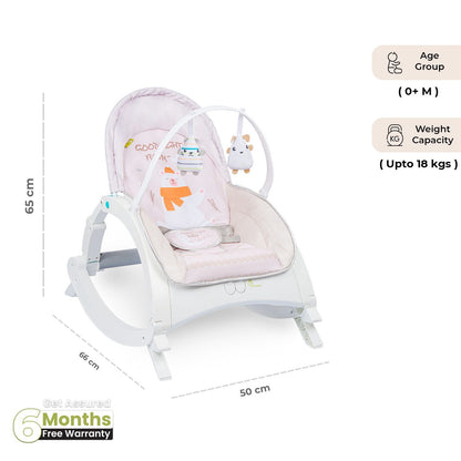 R for Rabbit 3 In 1 Rock N Play Rocker - Adjustable Backrest Recline, Detachable Toy Bar, Soothing Music & Vibration Cream Grey