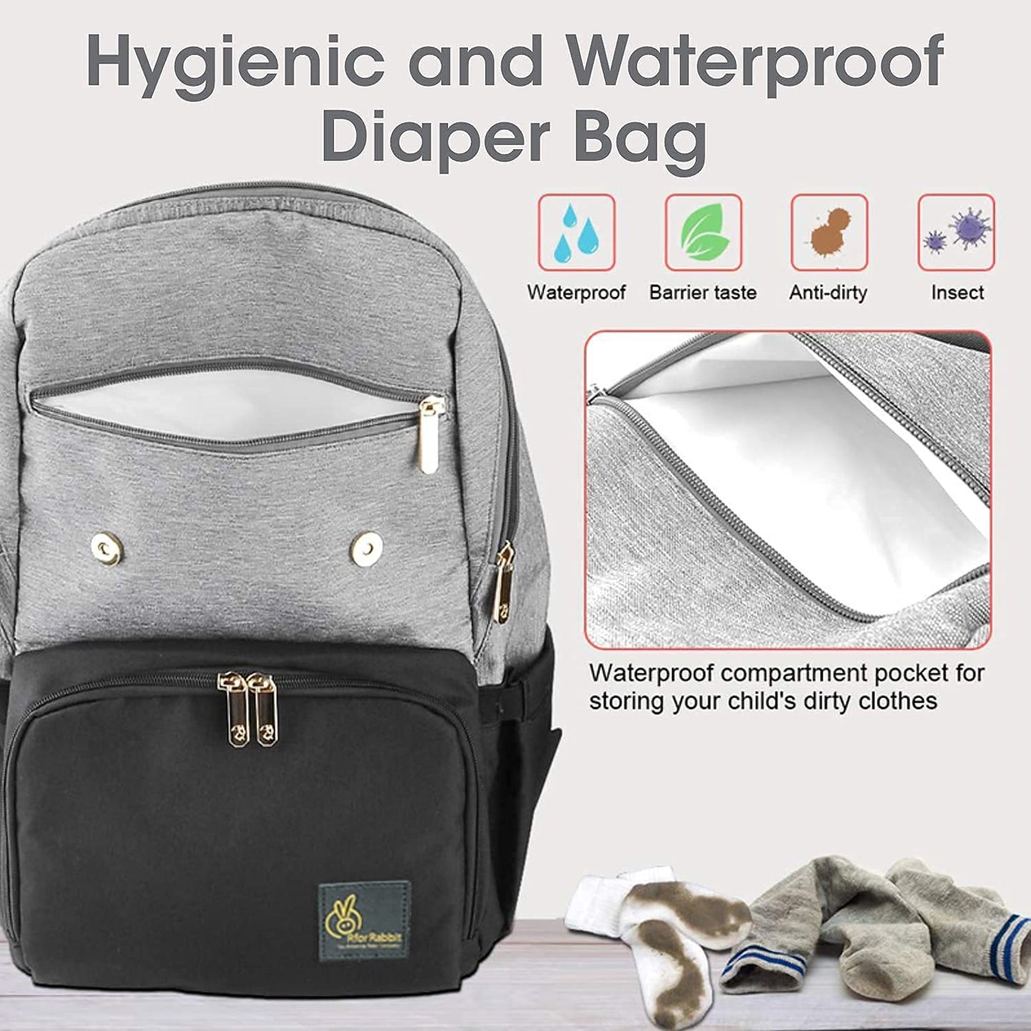 R for Rabbit Caramello Smart Diaper Bags For Mother With High-Quality Water-Resistant Material Grey Black