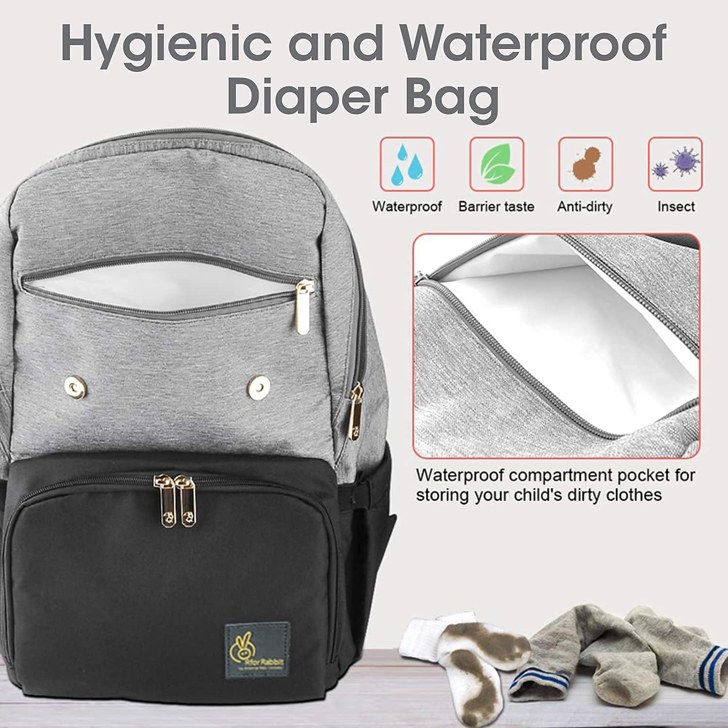 R for Rabbit Caramello Smart Diaper Bags For Mother With High-Quality Water-Resistant Material Grey Black