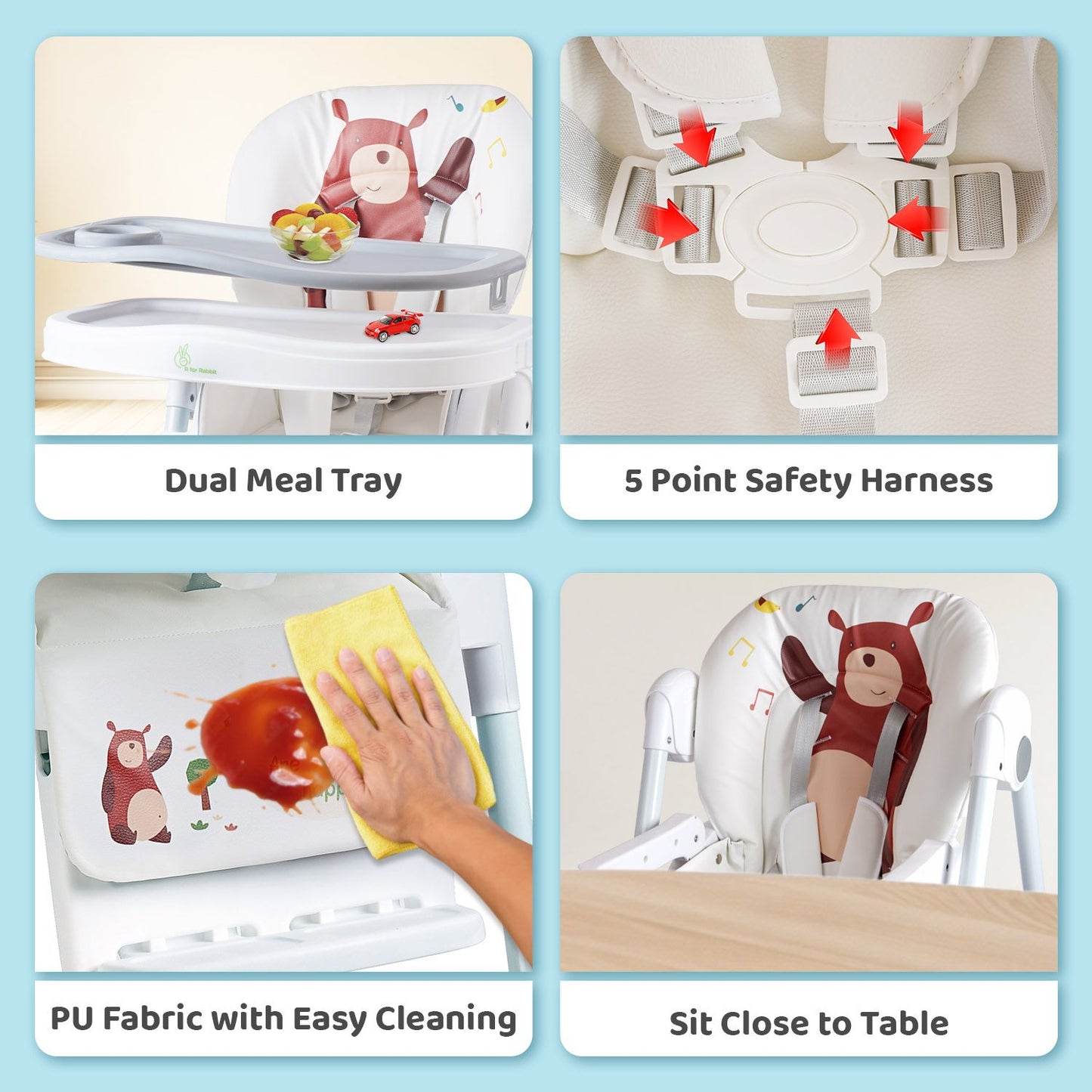 R for Rabbit Marshmallow Lite High Chair - 6 Level Height Adjustment, 3 Recline Modes, Adjustable & Removable Meal Tray Grey
