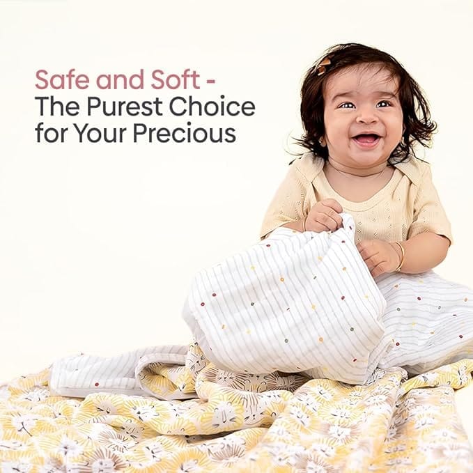 haus & kinder R 100% Cotton Reversible Muslin Blanket For Newborn Baby Boy And Girl, Triple Layer Blanket 0-3 Years, Size- 120 Cm X 120 Cm (Roarsome, Yellow), 200 TC