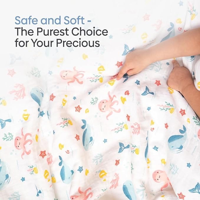 haus & kinder 100% Cotton Reversible Muslin Blanket For Newborn Baby Boy And Girl, Triple Layer Blanket 0-3 Years, Size- 120 Cm X 120 Cm (Vitamin Sea, Blue), 200 TC