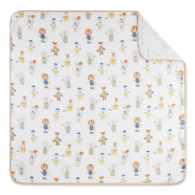 haus & kinder 100% Cotton Reversible Muslin Blanket For Newborn Baby Boy And Girl, Triple Layer Blanket 0-2 Years, Size- 120 Cm X 120 Cm (Jungle Party), Beige, 200 TC