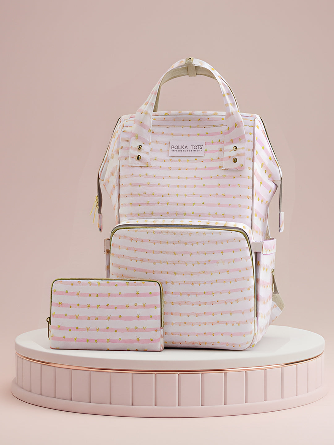 Polka Tots Stylish Multifunctional Rainbow Diaper Bag For Mothers Travel With Pouch  - Peach