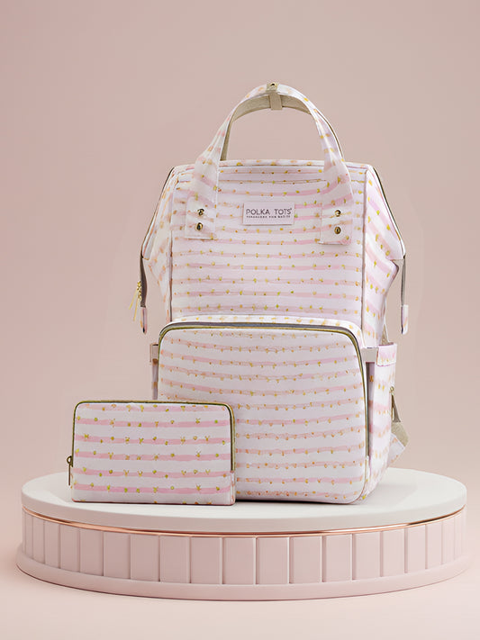 Polka Tots Stylish Multifunctional Rainbow Diaper Bag For Mothers Travel With Pouch  - Peach