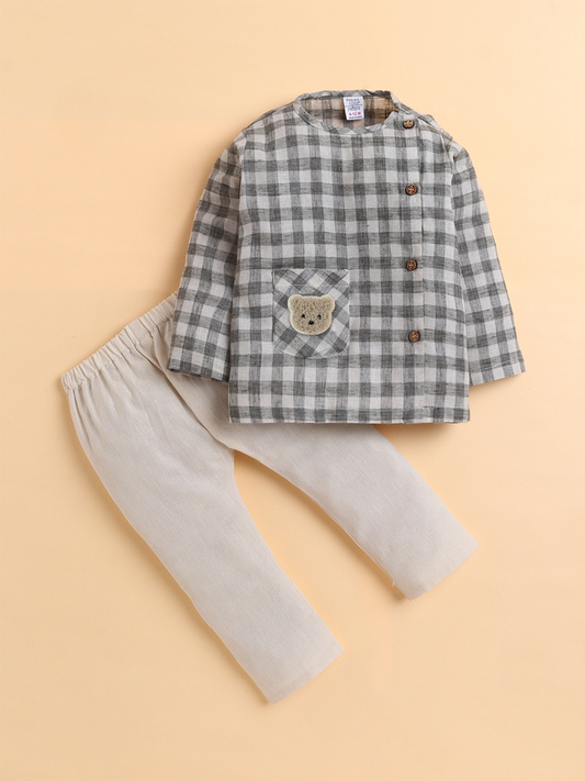 Polka Tots Cotton Linen Checks Full Sleeve Jabla Pant - Grey (3-6 Months)