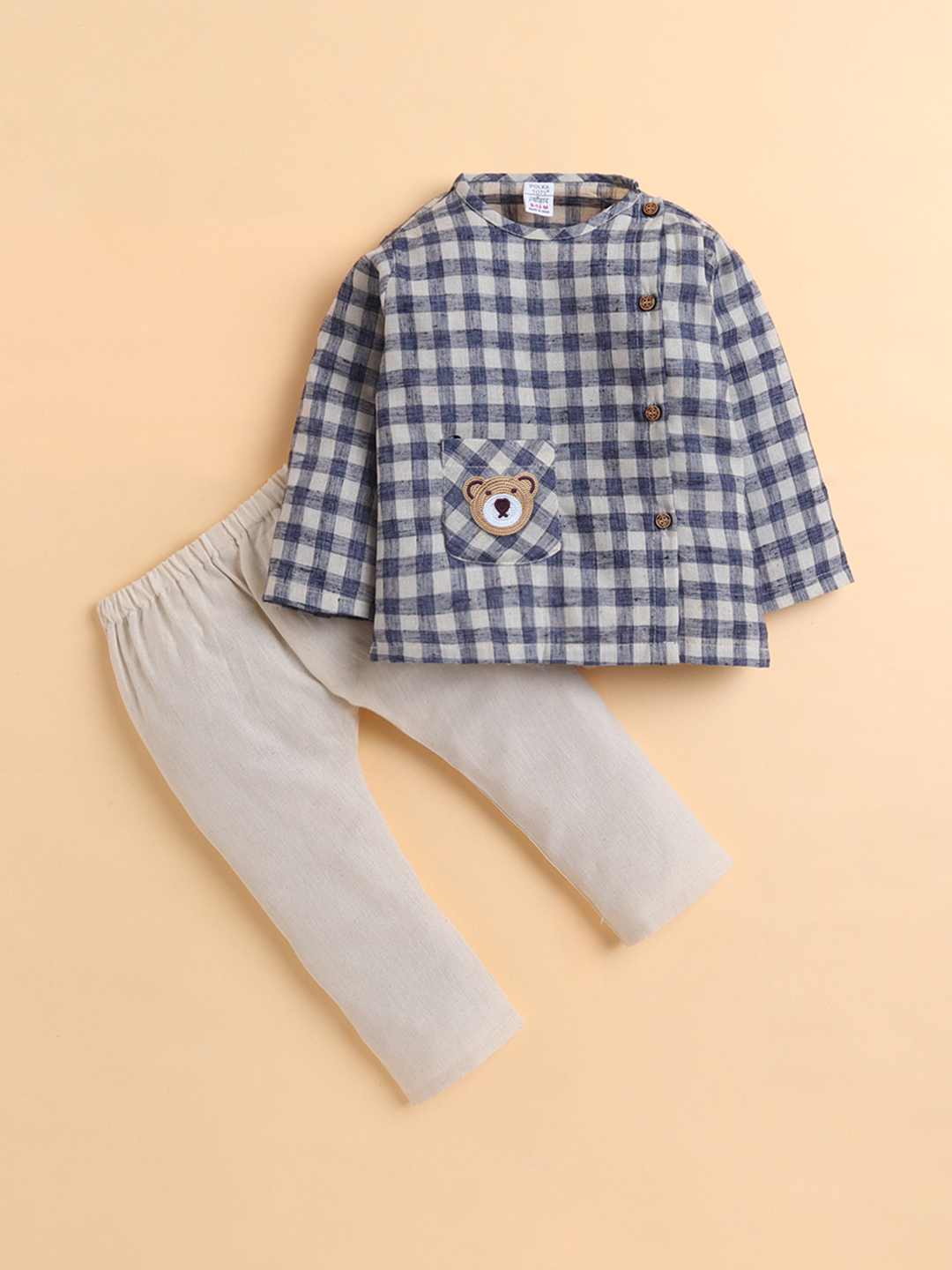Polka Tots Cotton Linen Checks Full Sleeve Jabla Pant - Blue (0-3 Months)