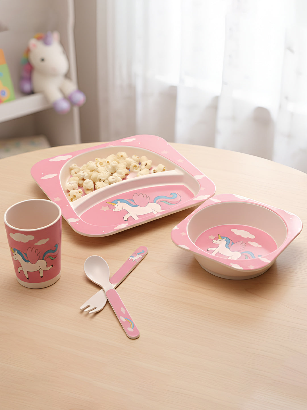 Polka Tots Eco Friendly 5 Pc Bamboo Fiber Dinner Set For Toddler (Unicorn)