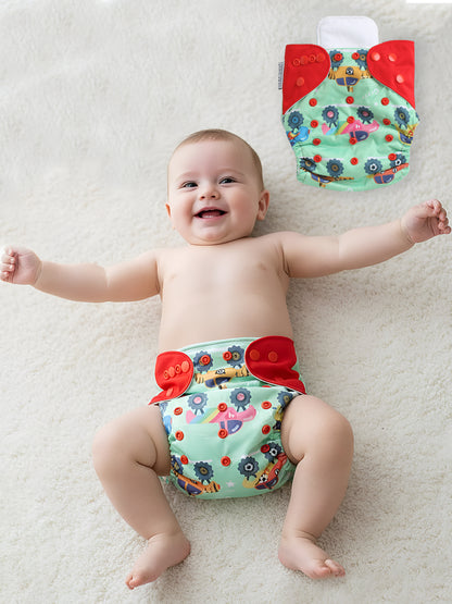 Polka Tots  Reusable & Washable Fleece Cloth Diapers with 1 Liner, Car Print