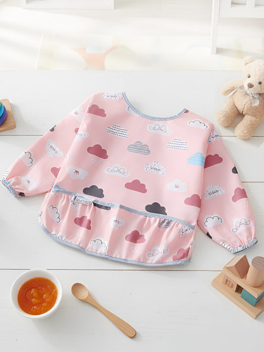 Polka Tots Cloud Print Waterproof Full Sleeves Apron Feeding Bibs for Baby