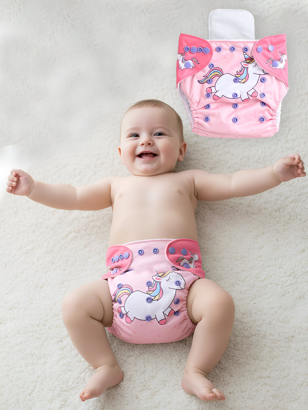 Polka Tots  Reusable & Washable Fleece Cloth Diapers with 1 Liner, Unicorn Print