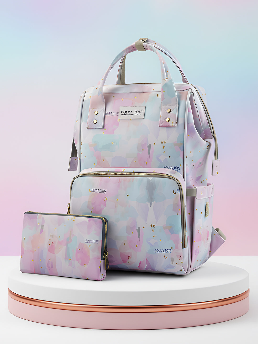 Polka Tots Stylish Multifunctional Rainbow Diaper Bag For Mothers Travel With Pouch  - Pink