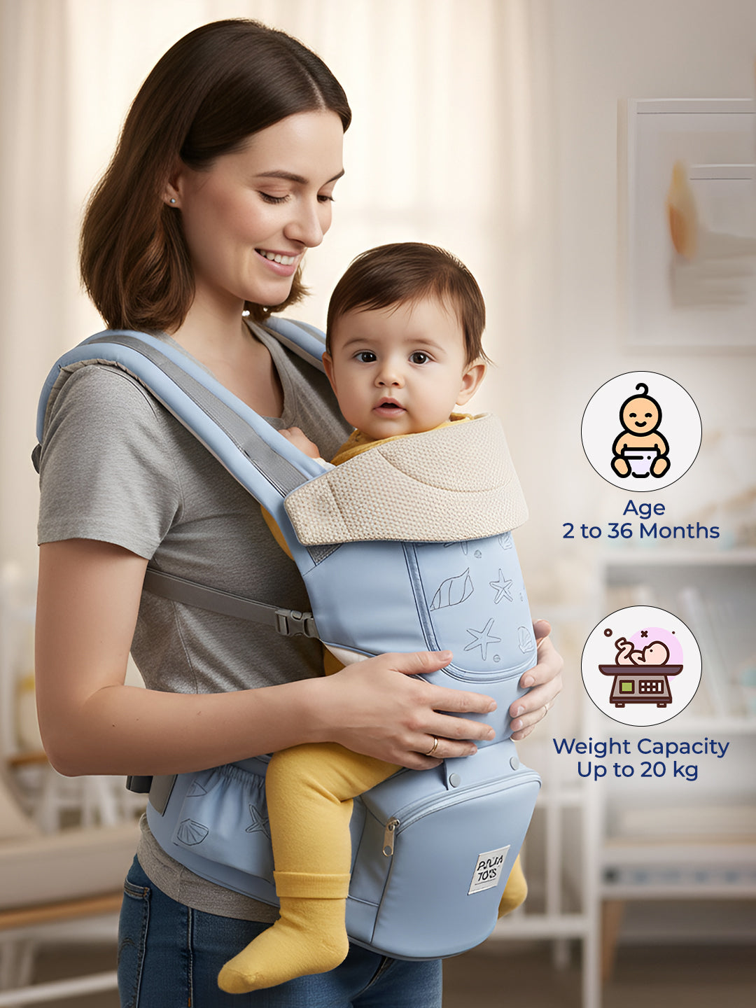 Polka Tots 6 in 1 Blue Baby Carrier with Detachable Hip Seat