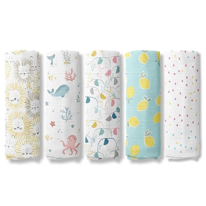 haus & kinder Dream Safari Collection 100% Cotton Muslin Baby Swaddles Wrap for Newborn Baby, Size 100cm x 100cm, Pack of 5 (Lion, Elephant, Dots,Ocean, Lemon)