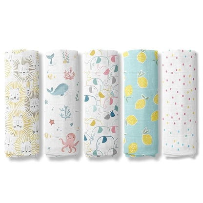 haus & kinder Dream Safari Collection 100% Cotton Muslin Baby Swaddles Wrap for Newborn Baby, Size 100cm x 100cm, Pack of 5 (Lion, Elephant, Dots,Ocean, Lemon)