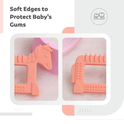 R for Rabbit Tiny Bites Safari - Cute Baby Silicone Teether - Elephant Blue + Horse Orange
