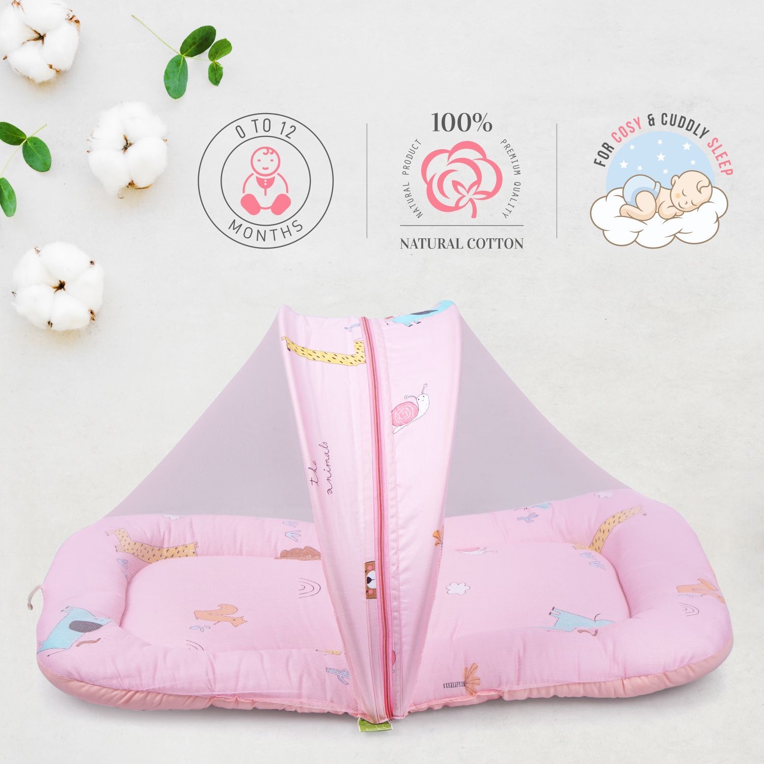 R for Rabbit Snuggy Safari Baby Bed - Easy To Carry, Convertible, HQ Zip, 100% Natural Cotton Pink