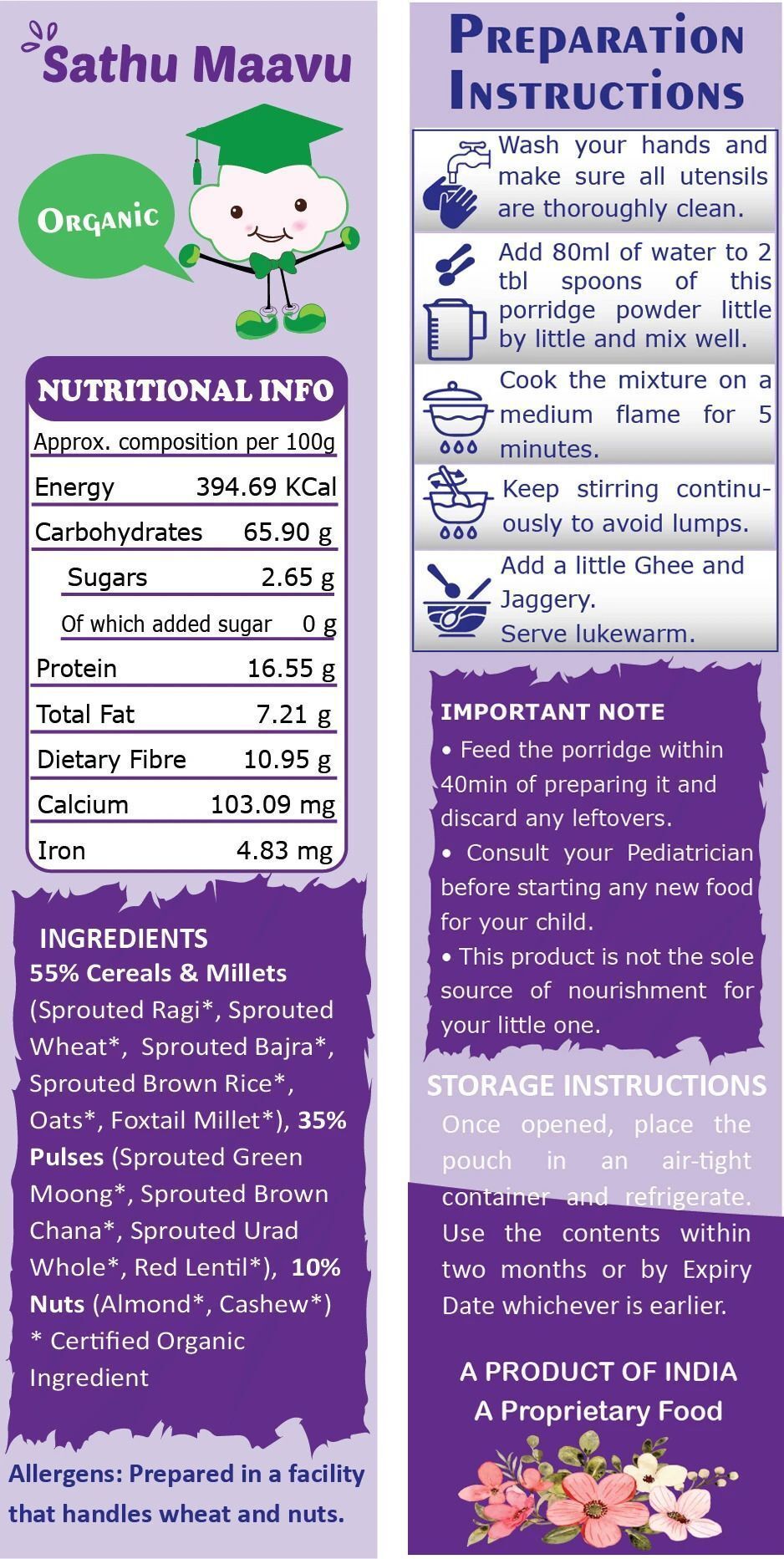 TummyFriendly Foods Certified USDA Organic Sprouted Sathu Maavu Porridge Mix |Made of Sprouted Ragi, Whole Grains, Pulses & Nuts | Rich in Protein & healthy-Fat For Baby Weight Gain| 200g