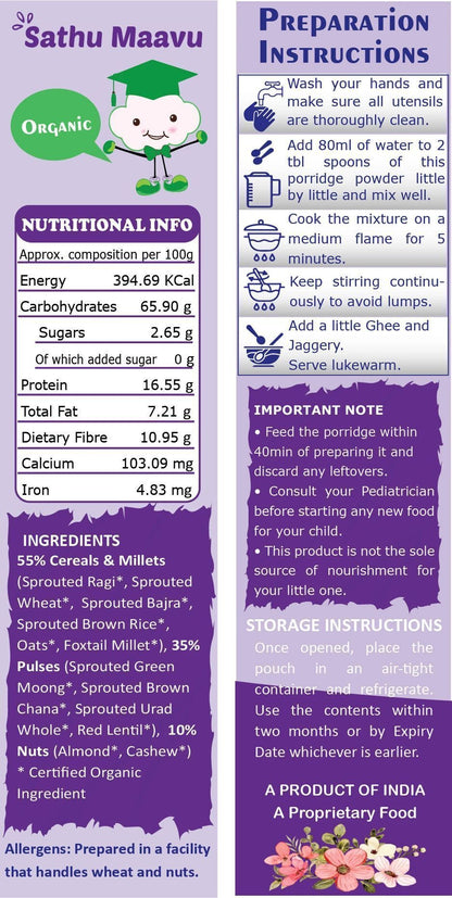 TummyFriendly Foods Certified USDA Organic Sprouted Sathu Maavu Porridge Mix |Made of Sprouted Ragi, Whole Grains, Pulses & Nuts | Rich in Protein & healthy-Fat For Baby Weight Gain| 200g