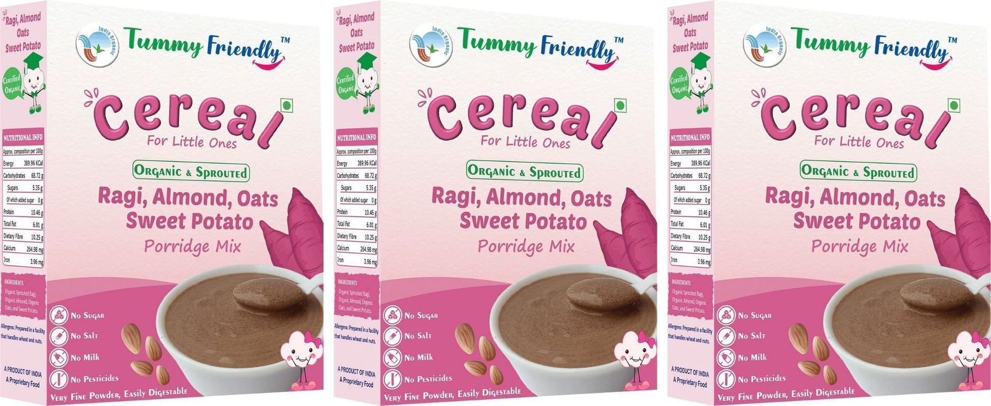 TummyFriendly Foods Organic Sprouted Ragi, Almond,Oats, SweetPotato Prdge Mix|600g, (200g each pack)