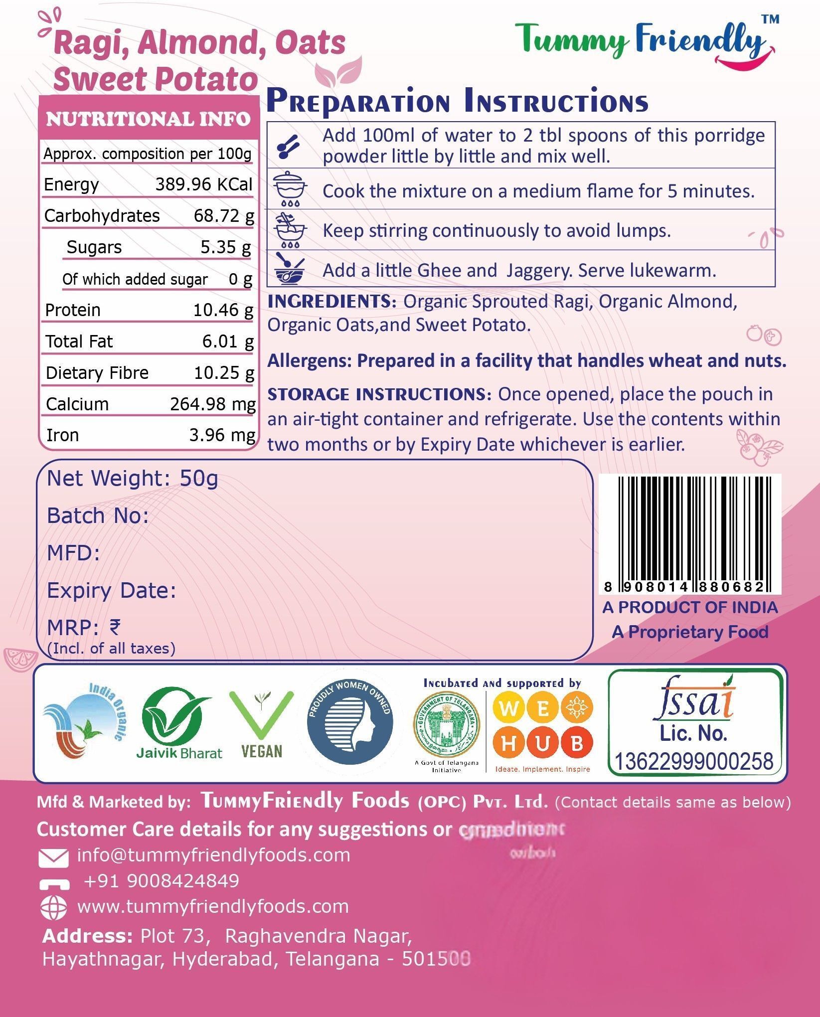 TummyFriendly Foods Organic Sprouted Ragi, Almond,Oats, SweetPotato Prdge Mix|600g, (200g each pack)