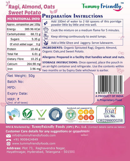 TummyFriendly Foods Organic Sprouted Ragi, Almond,Oats, SweetPotato Prdge Mix|600g, (200g each pack)