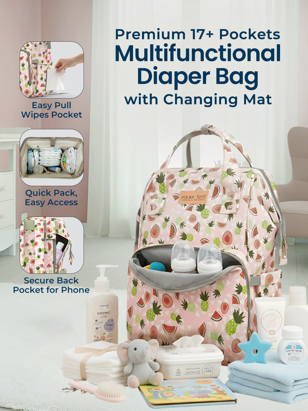 Polka Tots Diaper Bag Large Capacity With 17 Pockets For Moms & Dads  - Watermelon