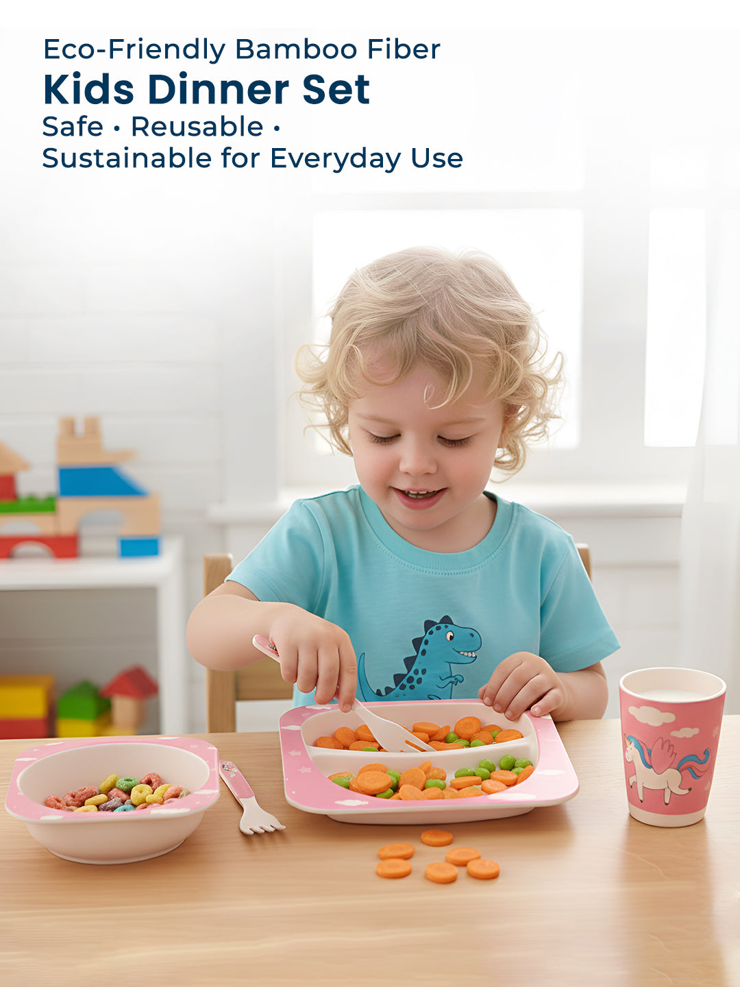 Polka Tots Eco Friendly 5 Pc Bamboo Fiber Dinner Set For Toddler (Unicorn)