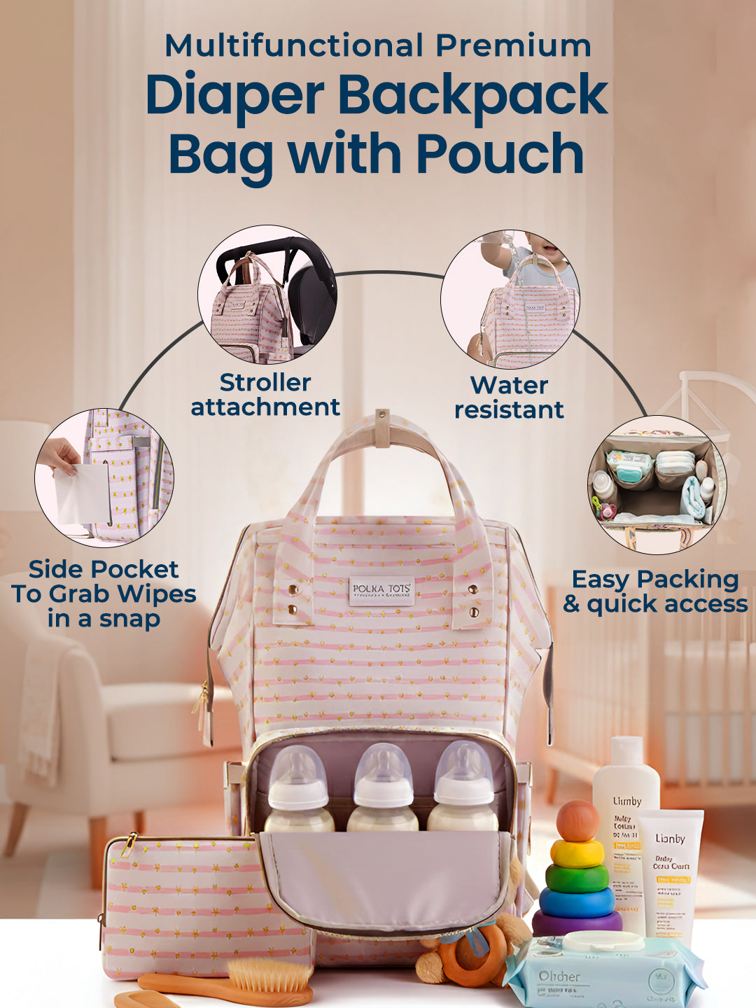 Polka Tots Stylish Multifunctional Rainbow Diaper Bag For Mothers Travel With Pouch  - Peach