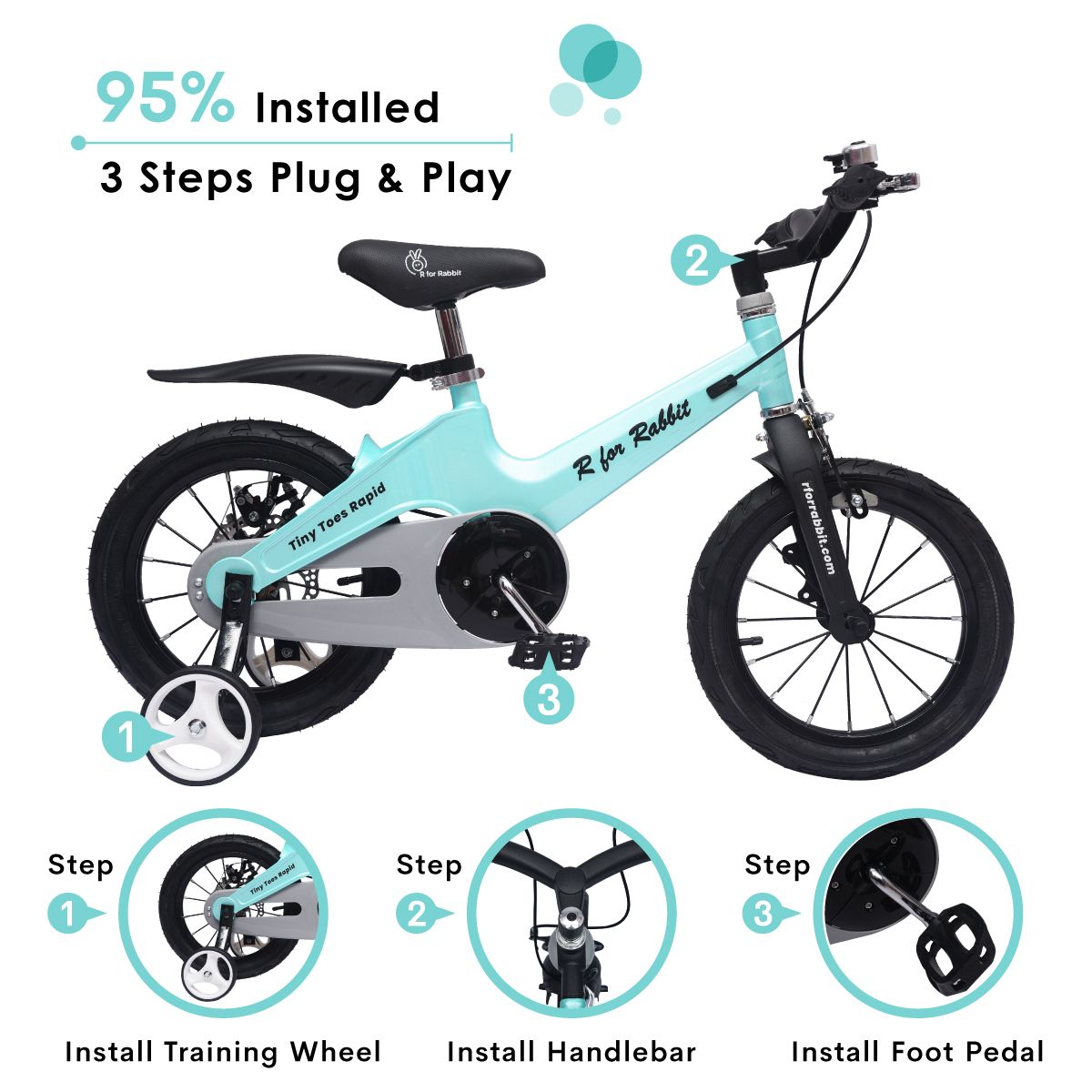 R for Rabbit Tiny Toes Rapid 16T Bicycle - Single Structure, Adjustable Seat & Handlebar, 95% Installed Lake Blue