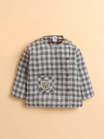 Polka Tots Cotton Linen Checks Full Sleeve Jabla Pant - Grey (0-3 Months)