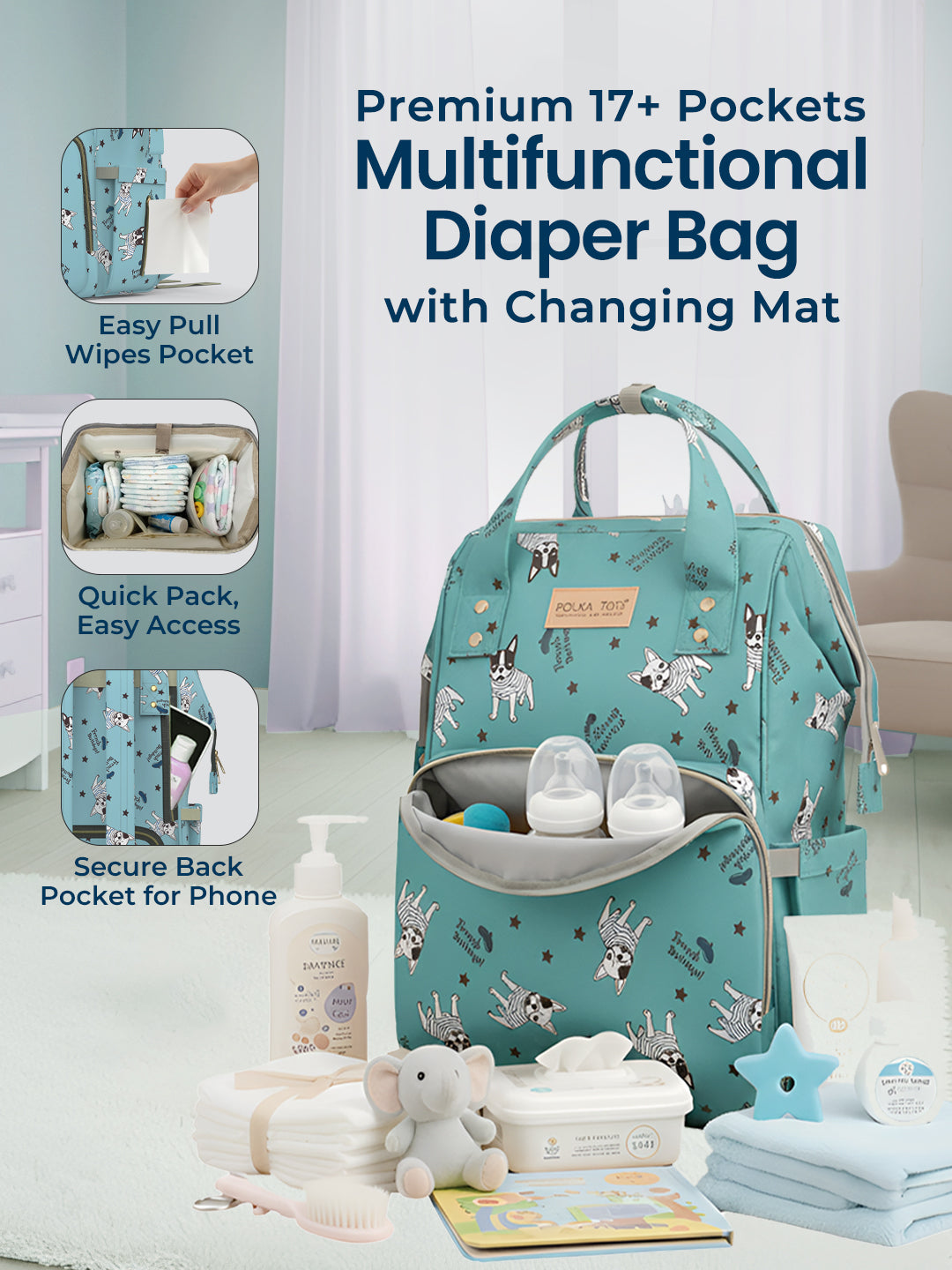 Polka Tots Diaper Bag Large Capacity With 17 Pockets For Moms & Dads - Bull Dog