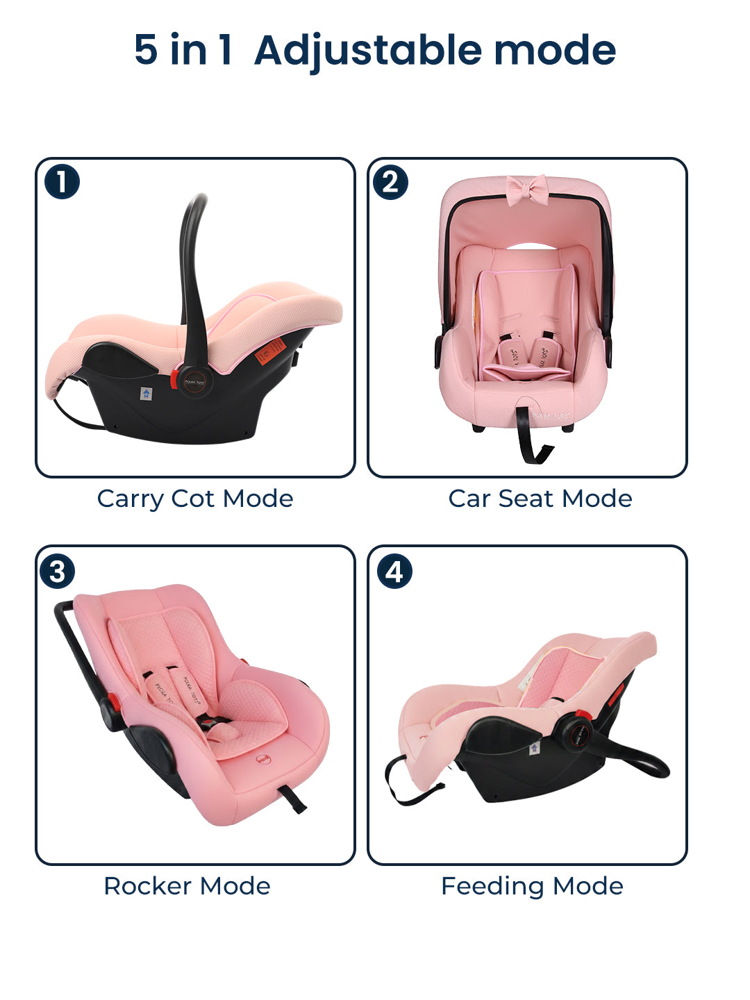 Polka Tots 5-In-1 Baby Car Seat Carry Cot With Canopy Feeding Seat 0 To 15 Months  - Pink