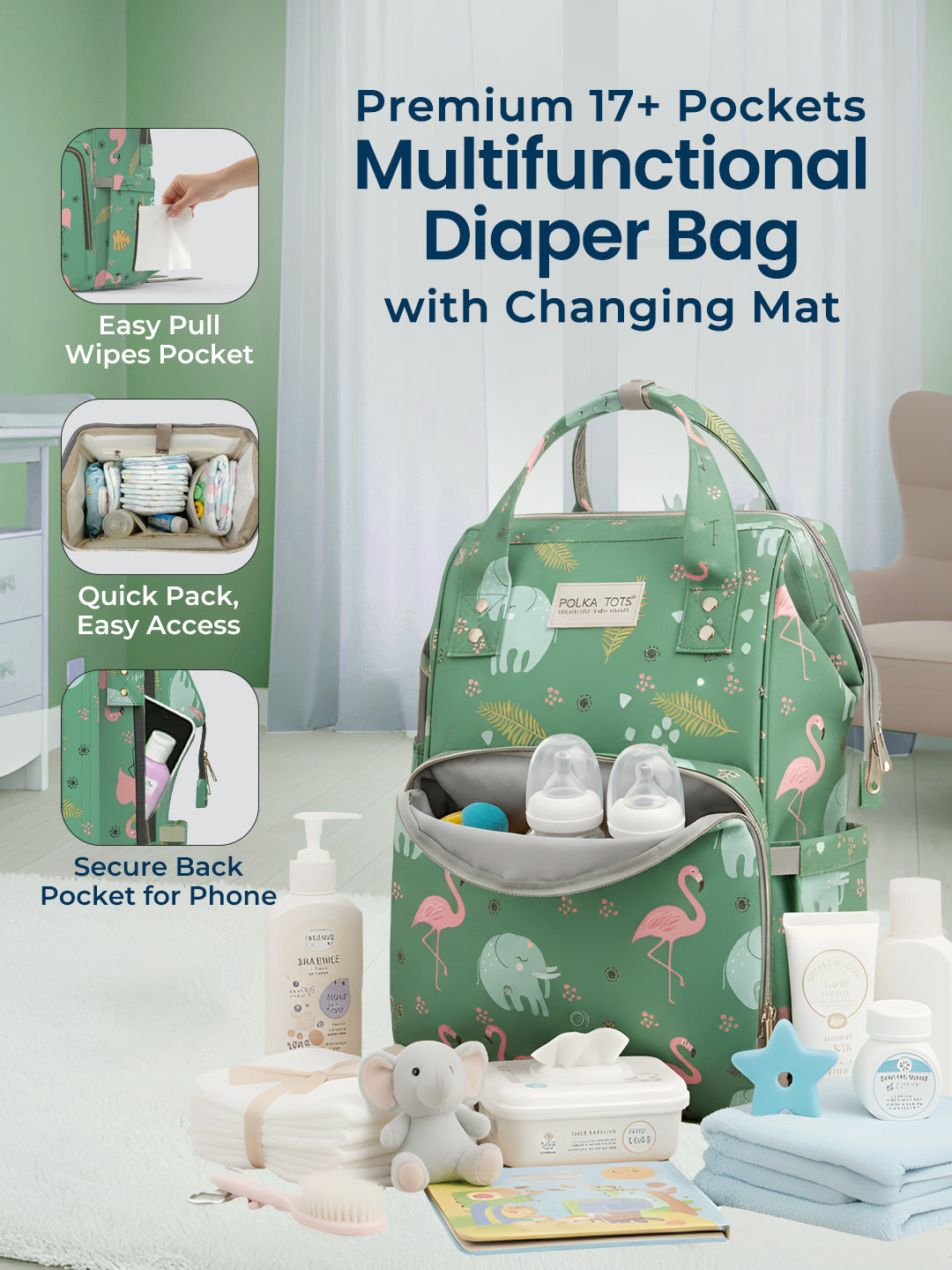 Polka Tots Diaper Bag Large Capacity With 17 Pockets For Moms & Dads- Flamingo