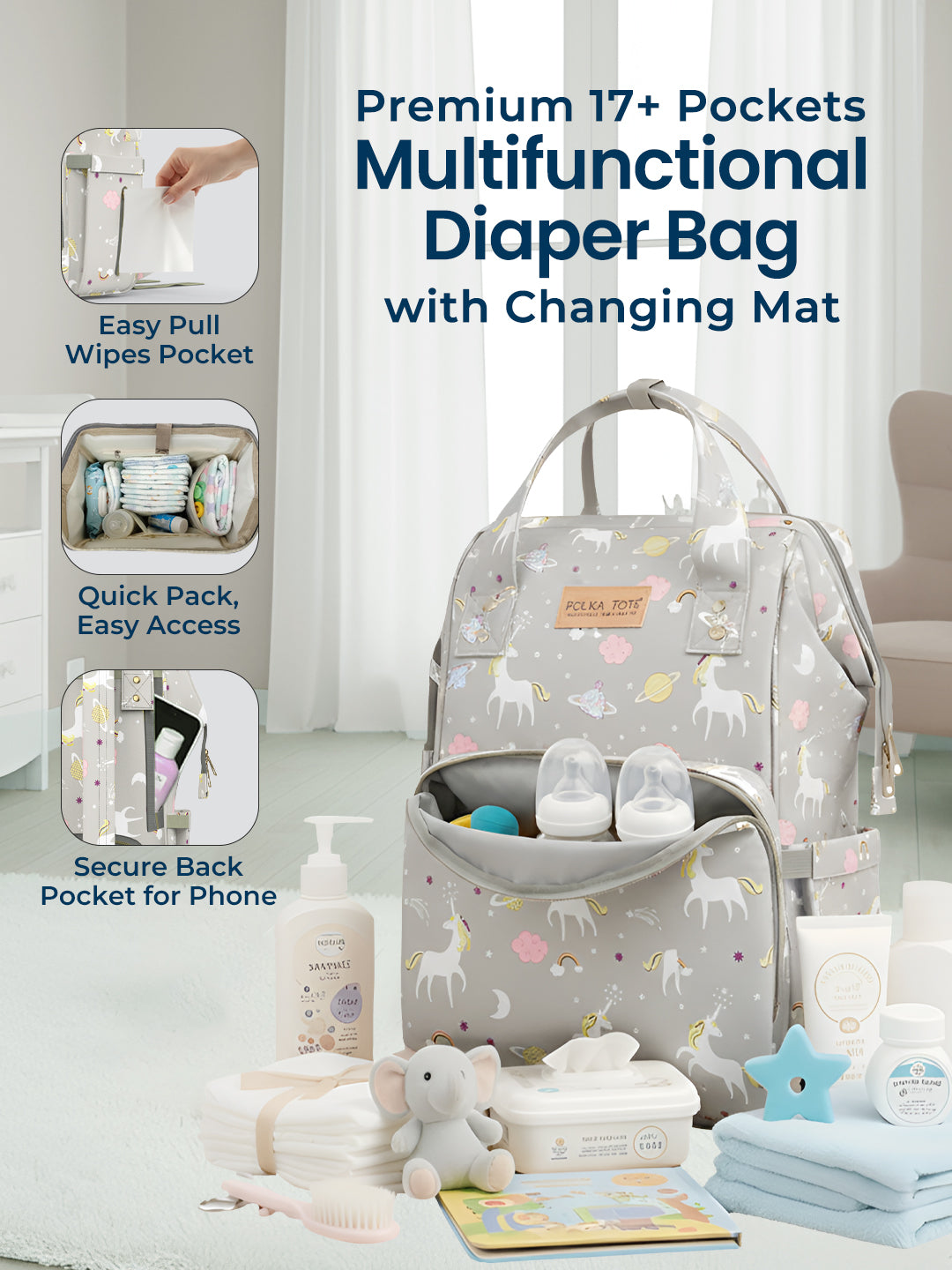Polka Tots Diaper Bag Large Capacity With 17 Pockets For Moms & Dads - Unicorn