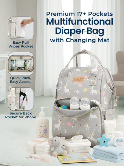 Polka Tots Diaper Bag Large Capacity With 17 Pockets For Moms & Dads - Unicorn