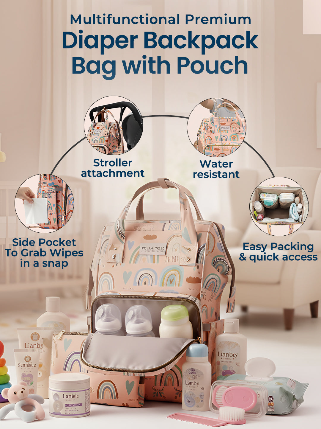 Polka Tots Stylish Multifunctional Rainbow Diaper Bag For Mothers Travel With Pouch - Pink