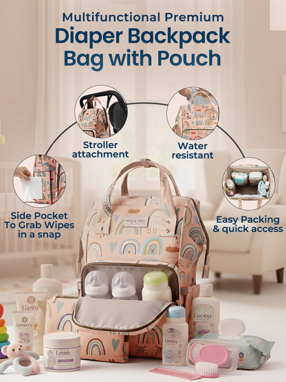 Polka Tots Stylish Multifunctional Rainbow Diaper Bag For Mothers Travel With Pouch - Pink