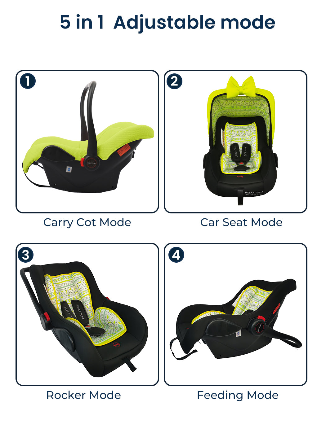 Polka Tots 5-In-1 Baby Car Seat Carry Cot With Canopy Feeding Seat 0 To 15 Months - Green