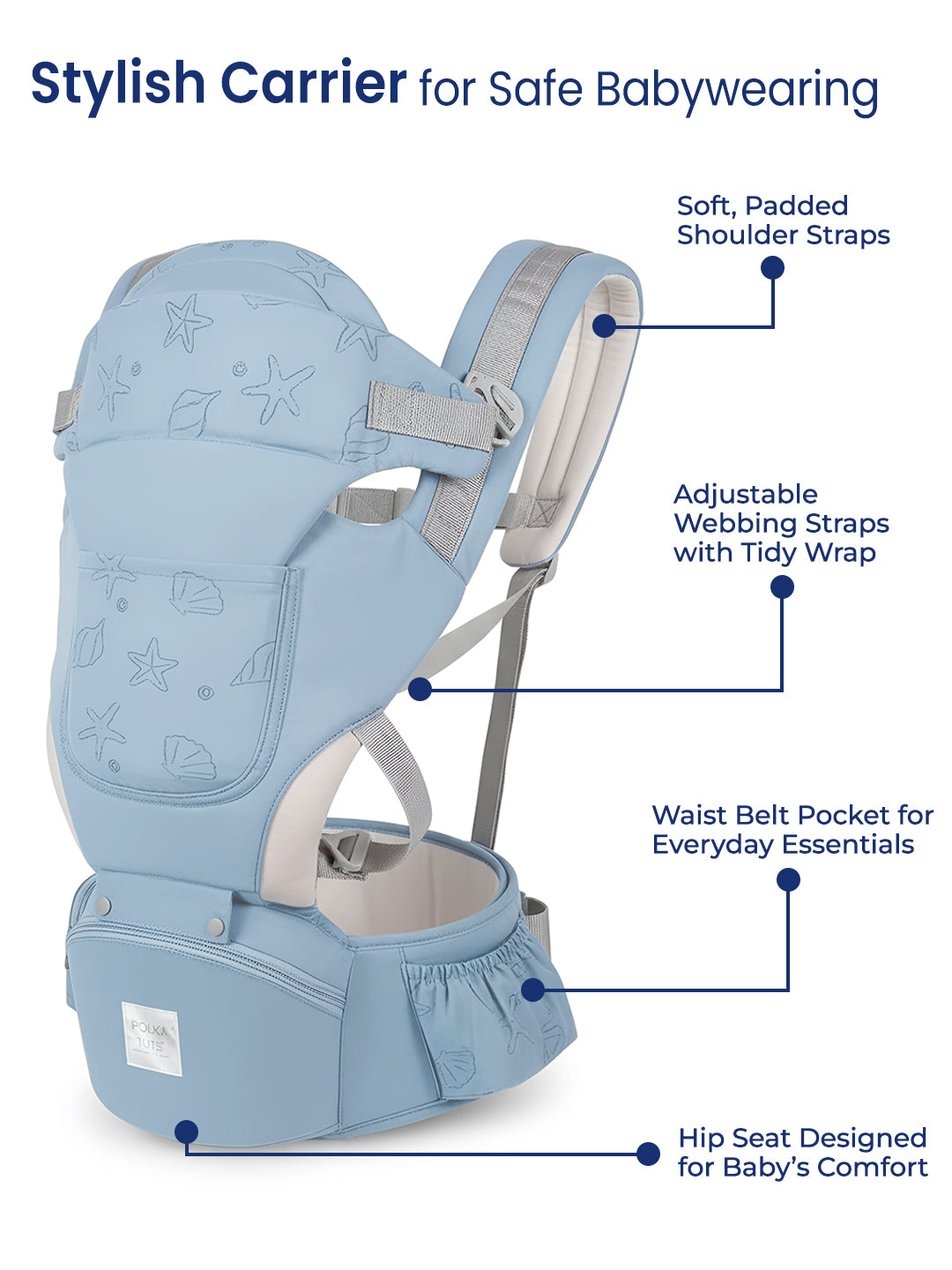 Polka Tots 6 in 1 Blue Baby Carrier with Detachable Hip Seat