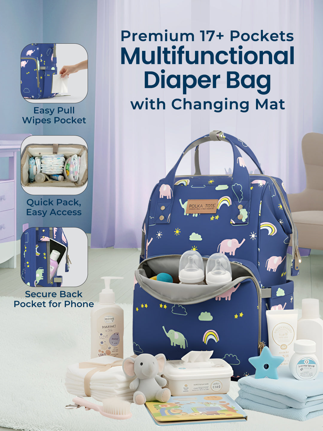 Polka Tots Diaper Bag Large Capacity With 17 Pockets For Moms & Dads- Blue