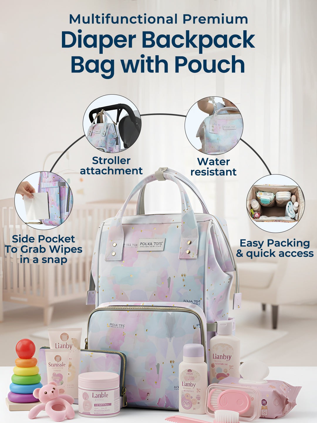Polka Tots Stylish Multifunctional Rainbow Diaper Bag For Mothers Travel With Pouch  - Pink