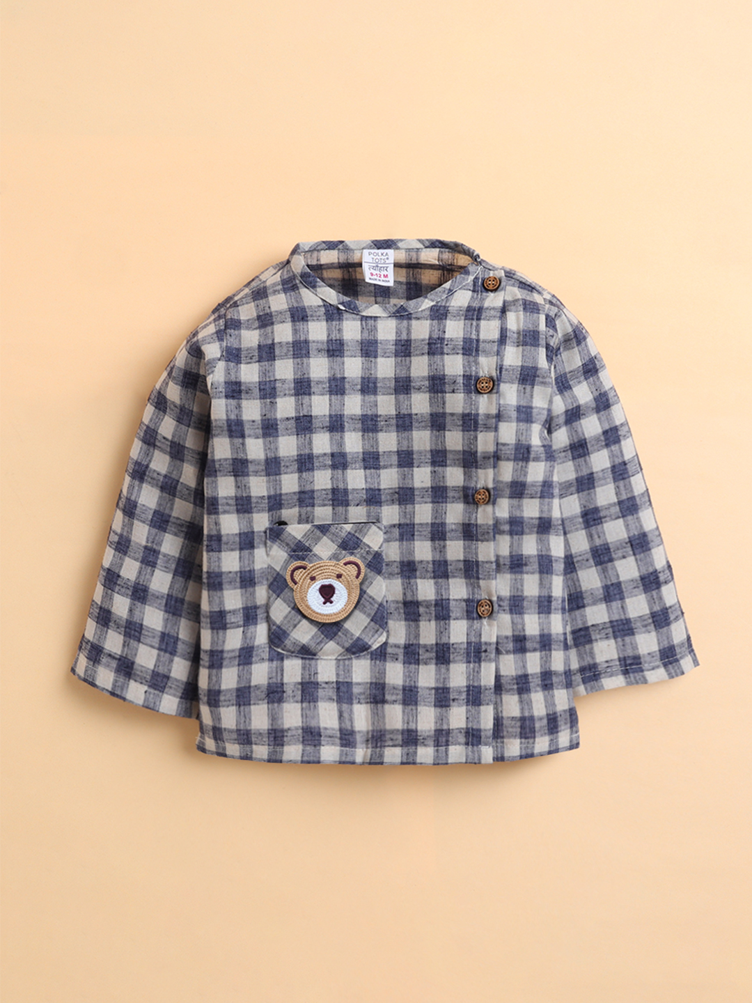 Polka Tots Cotton Linen Checks Full Sleeve Jabla Pant - Blue (0-3 Months)