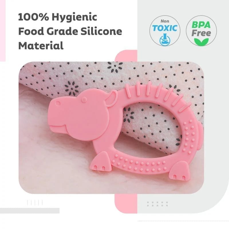 R for Rabbit Tiny Bites Safari -  Cute Baby Silicone Teether - Hippo Pink