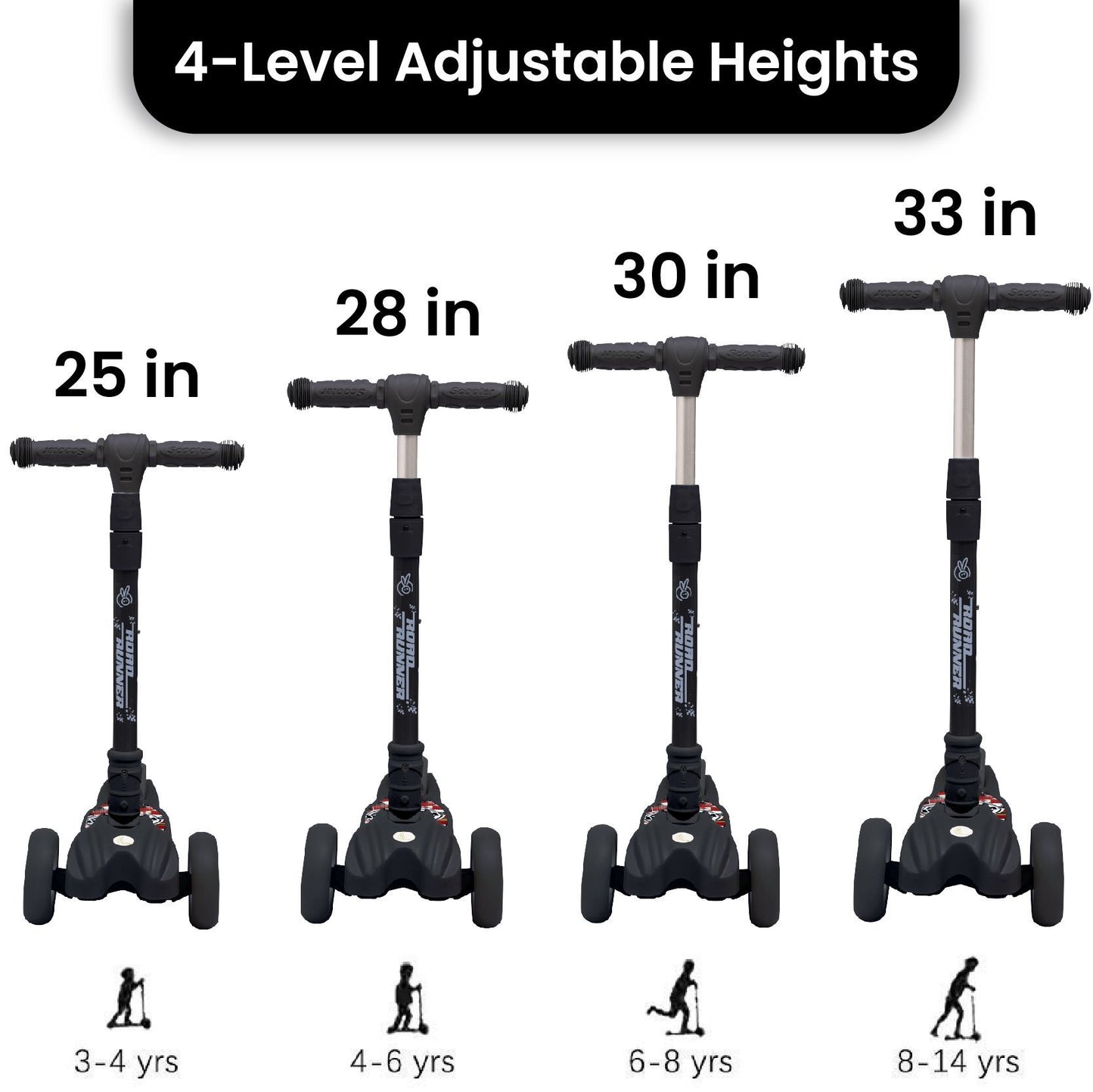 R for Rabbit Road Runner Scooter - PU LED Wheels, 4 Level Height Adjustment, Anti Slip Deck Black