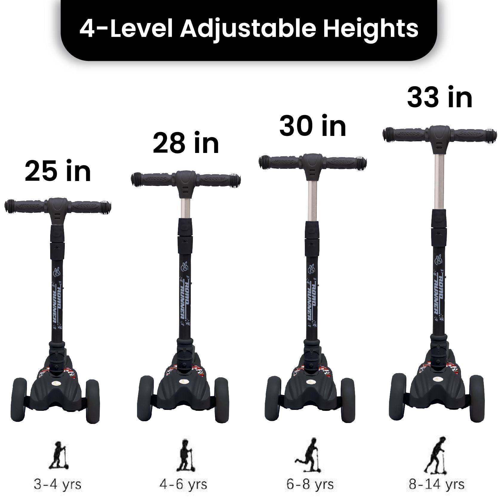 R for Rabbit Road Runner Scooter - PU LED Wheels, 4 Level Height Adjustment, Anti Slip Deck Black