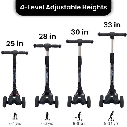 R for Rabbit Road Runner Scooter - PU LED Wheels, 4 Level Height Adjustment, Anti Slip Deck Black