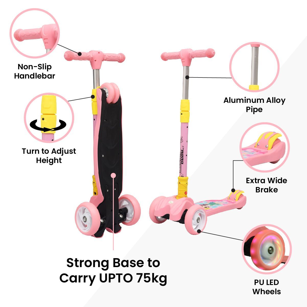 R for Rabbit Road Runner Scooter - PU LED Wheels, 4 Level Height Adjustment, Anti Slip Deck Pink