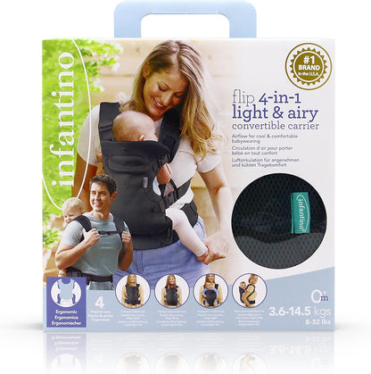 Infantino Flip 4-in-1 Light & Airy Convertible Carrier with Ergonomic seat, Head Support, Shoulder Straps, and Waist Belt 4 Ways to Carry, Can Carry (3.6-14.5 Kgs), Dark Grey