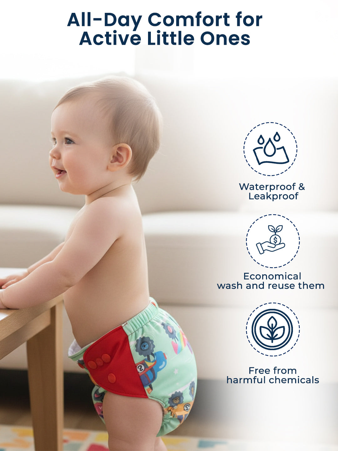Polka Tots  Reusable & Washable Fleece Cloth Diapers with 1 Liner, Car Print